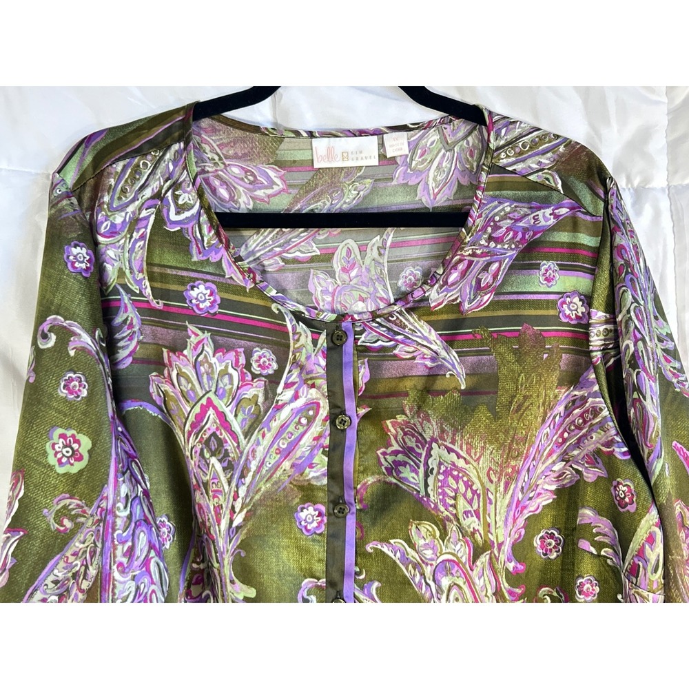 Belle Kim Gravel Paisley Print Button Front Tunic Top Women 1X Olive Purple - Picture 6 of 8